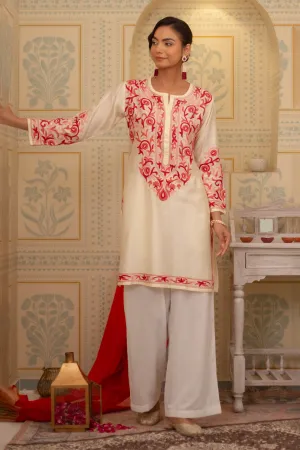 Falak Kashmiri Long Kurta In Chanderi Silk With Pink Embroidery