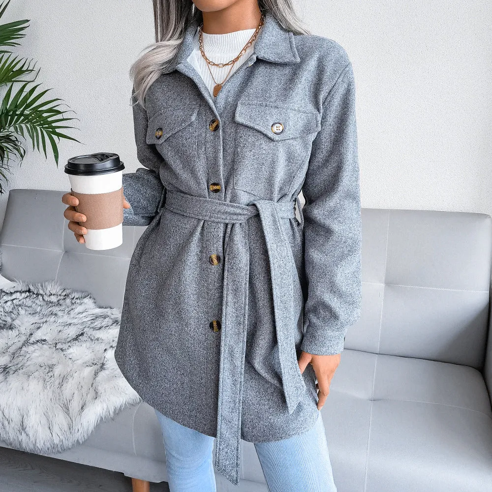 Fashion Solid Button Woolen Coat Women Wholesale