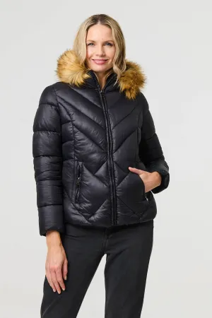 Faux Fur Trim Hooded Puffer Jacket