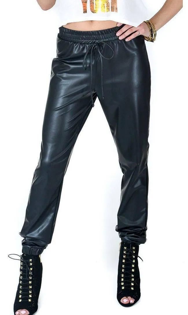 Faux Leather Jogger Pants with Drawstring (Plus Sizes Available S-3XL)