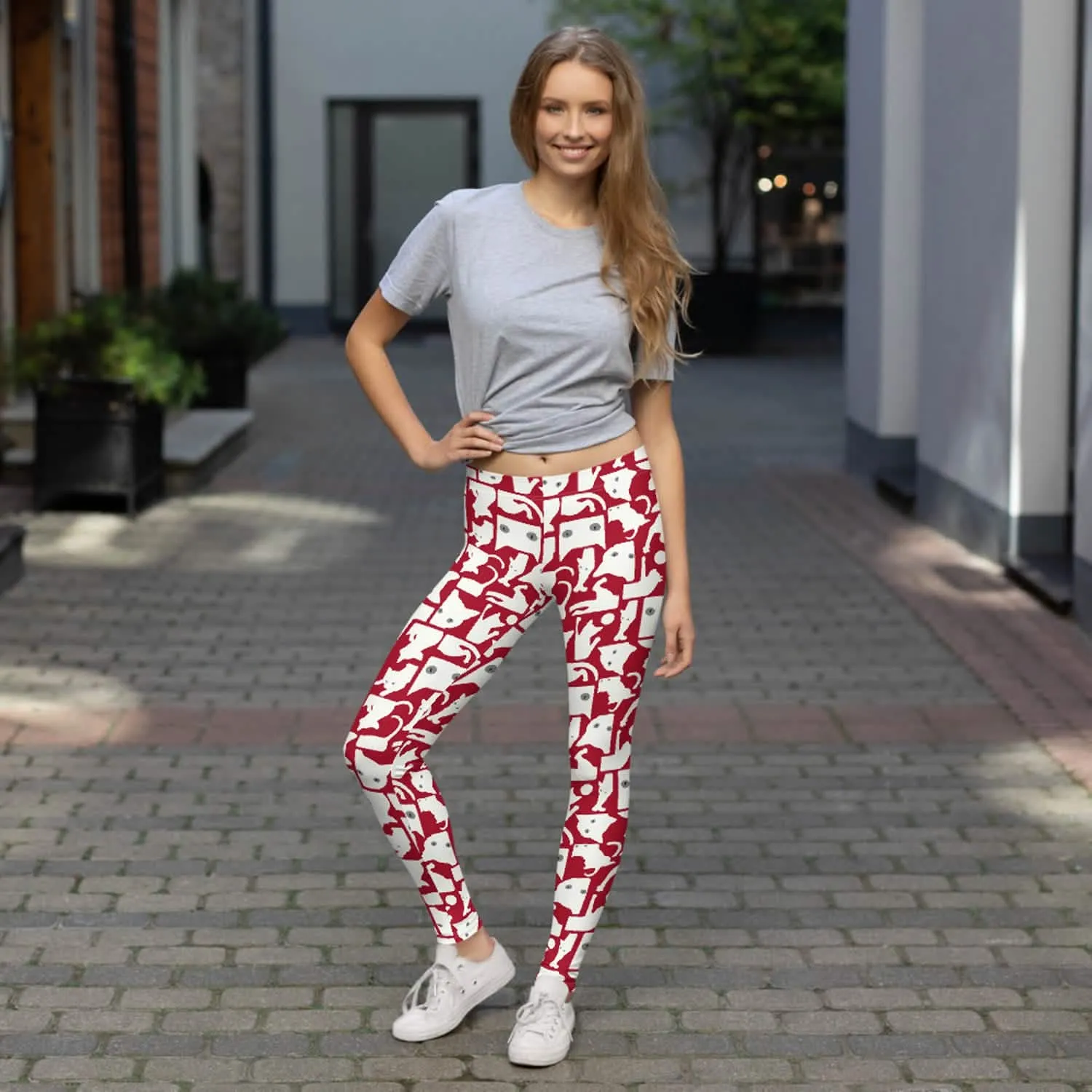 Feline-Inspired Women's Red Leggings with Striking White Silhouette