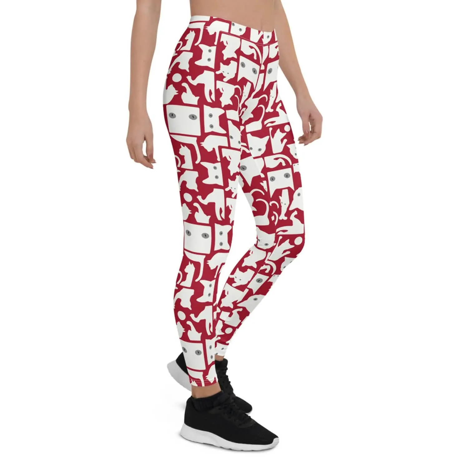 Feline-Inspired Women's Red Leggings with Striking White Silhouette