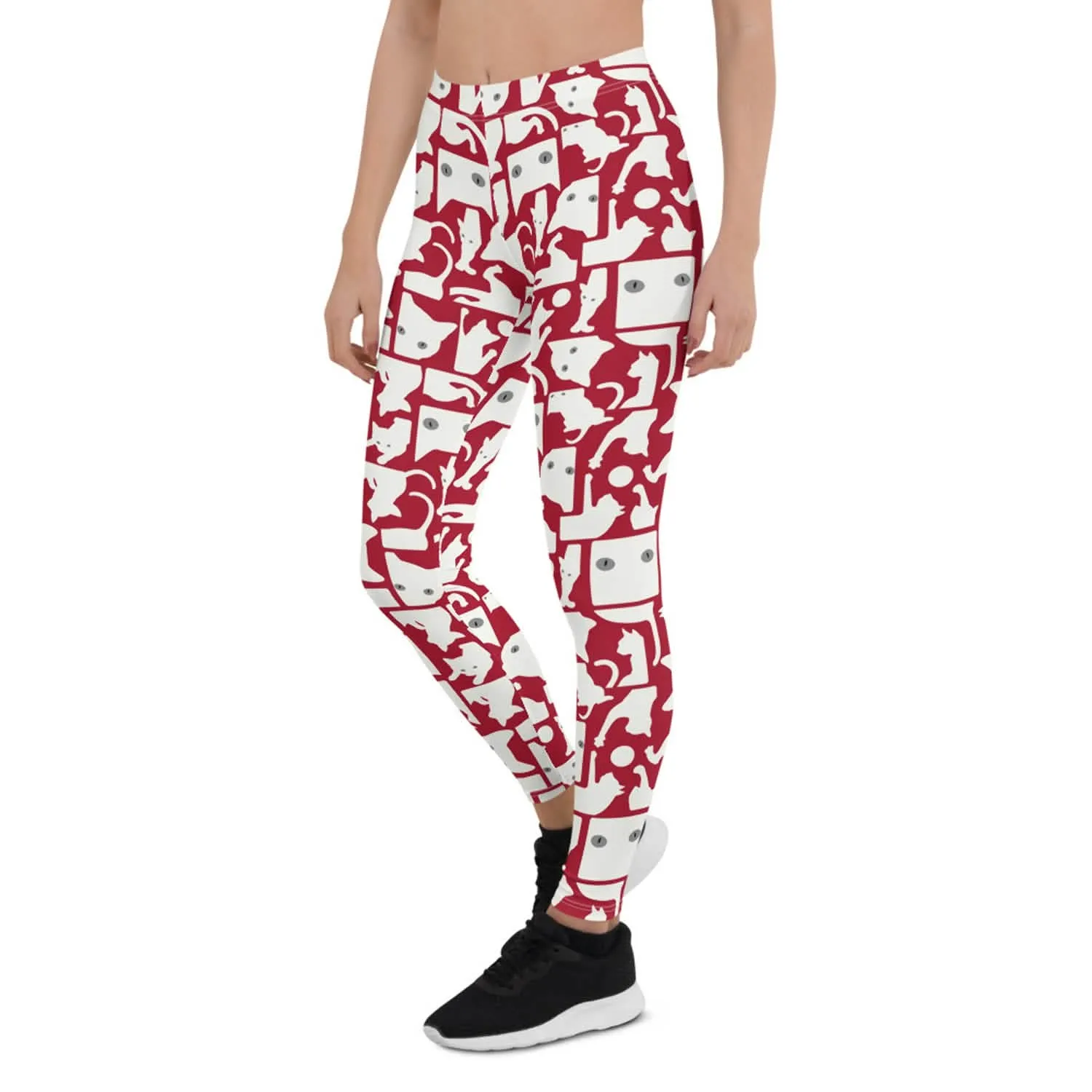 Feline-Inspired Women's Red Leggings with Striking White Silhouette