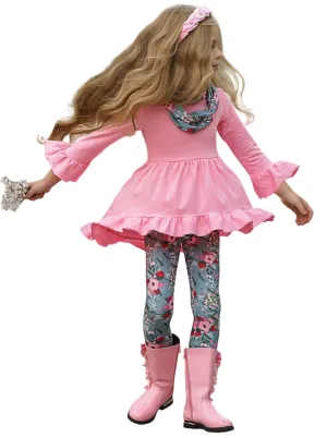 Flawless Hi-lo Ruffle Tunic, Floral Leggings And Scarf Set