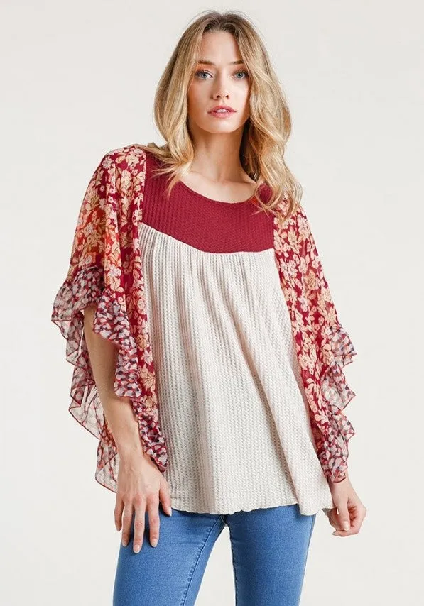 Floral Metallic Butterfly Sleeve Top, Natural