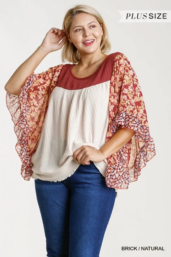 Floral Metallic Butterfly Sleeve Top, Natural