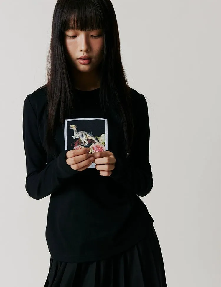 Flower & Dinosaur Polaroid Long Sleeve T-Shirt