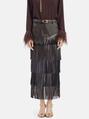 Fringe Leather Layered Skirt With Belt