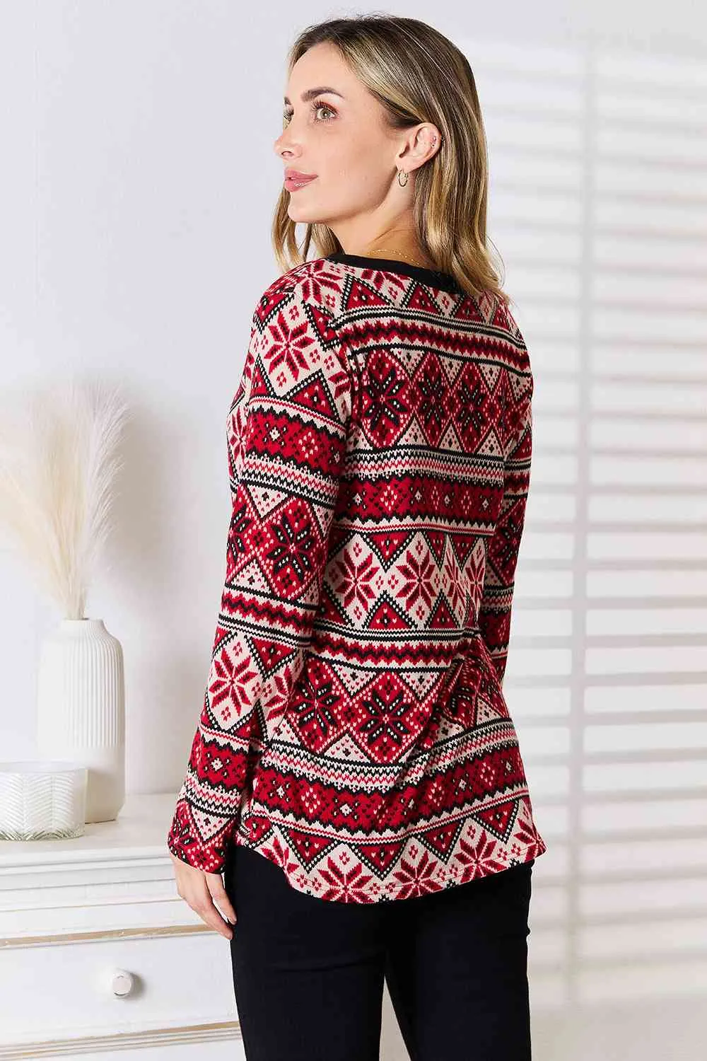 Full Size Snowflake Print Long Sleeve Top