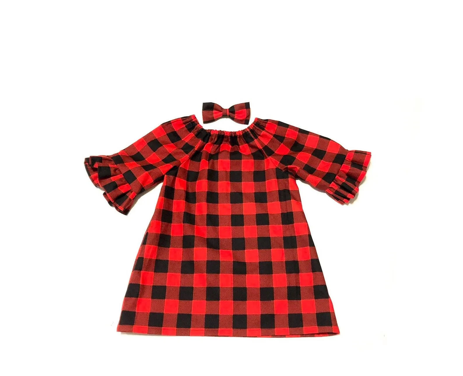 Girls Buffalo Plaid Peasant Dress