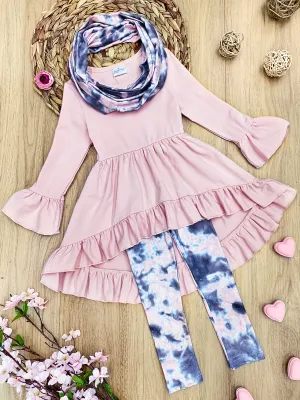 Girls Hi-Lo Ruffled Tunic, Tie Dye Leggings and Scarf Set