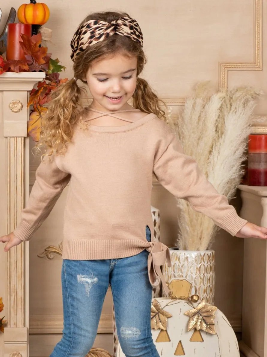 Girls Knot Tie Banded Pullover Sweater