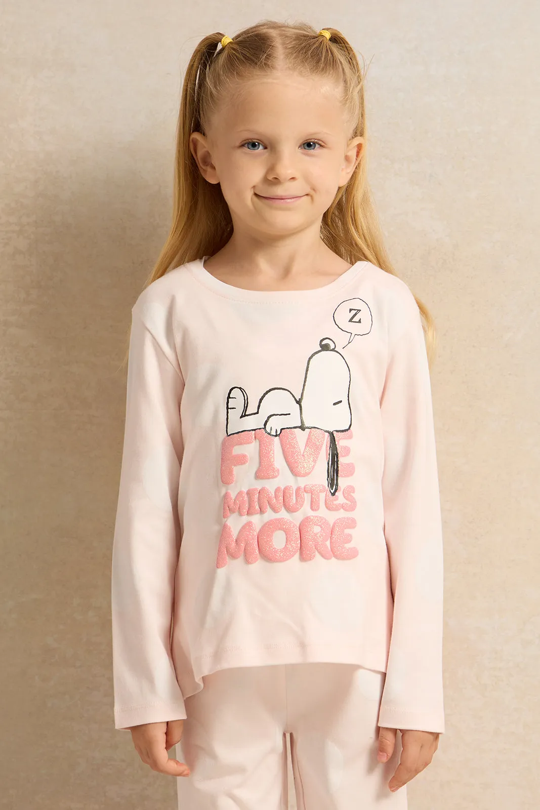 Girls Pink Snoopy Embellished Pyjama Set (2 Piece)