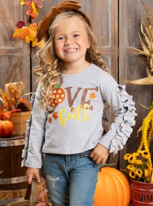 Girls "Love Fall" Pumpkin Ruffle Sleeve Top