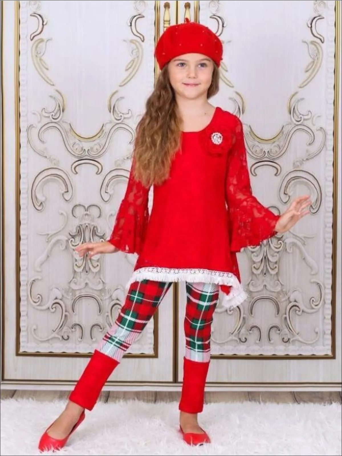 Girls Red Lace Boho Ruffled Sleeve Tunic with Cuffed Plaid Legging Set