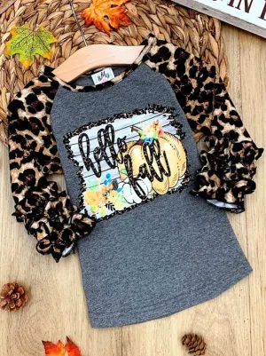 Girls Ruffled Leopard Long Sleeve "Hello Fall" Top