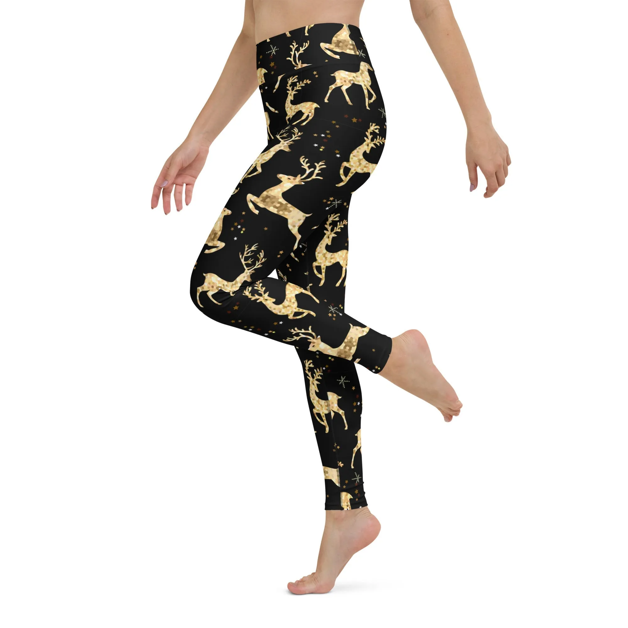 Golden Reindeers Print Yoga Leggings