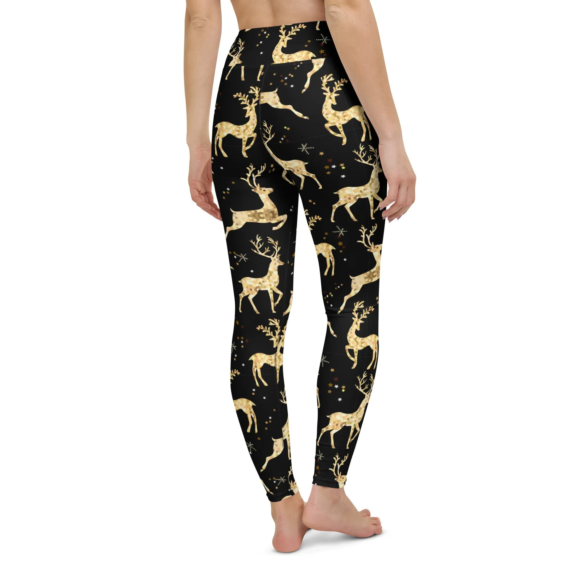 Golden Reindeers Print Yoga Leggings