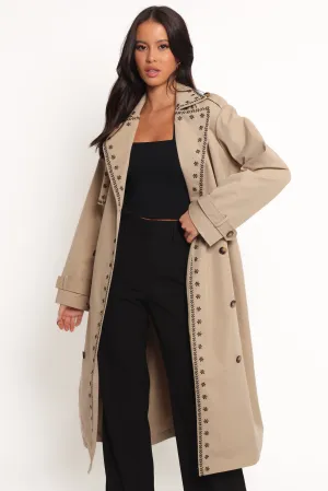 Grayson Embroidered Trim Trench Coat - Taupe