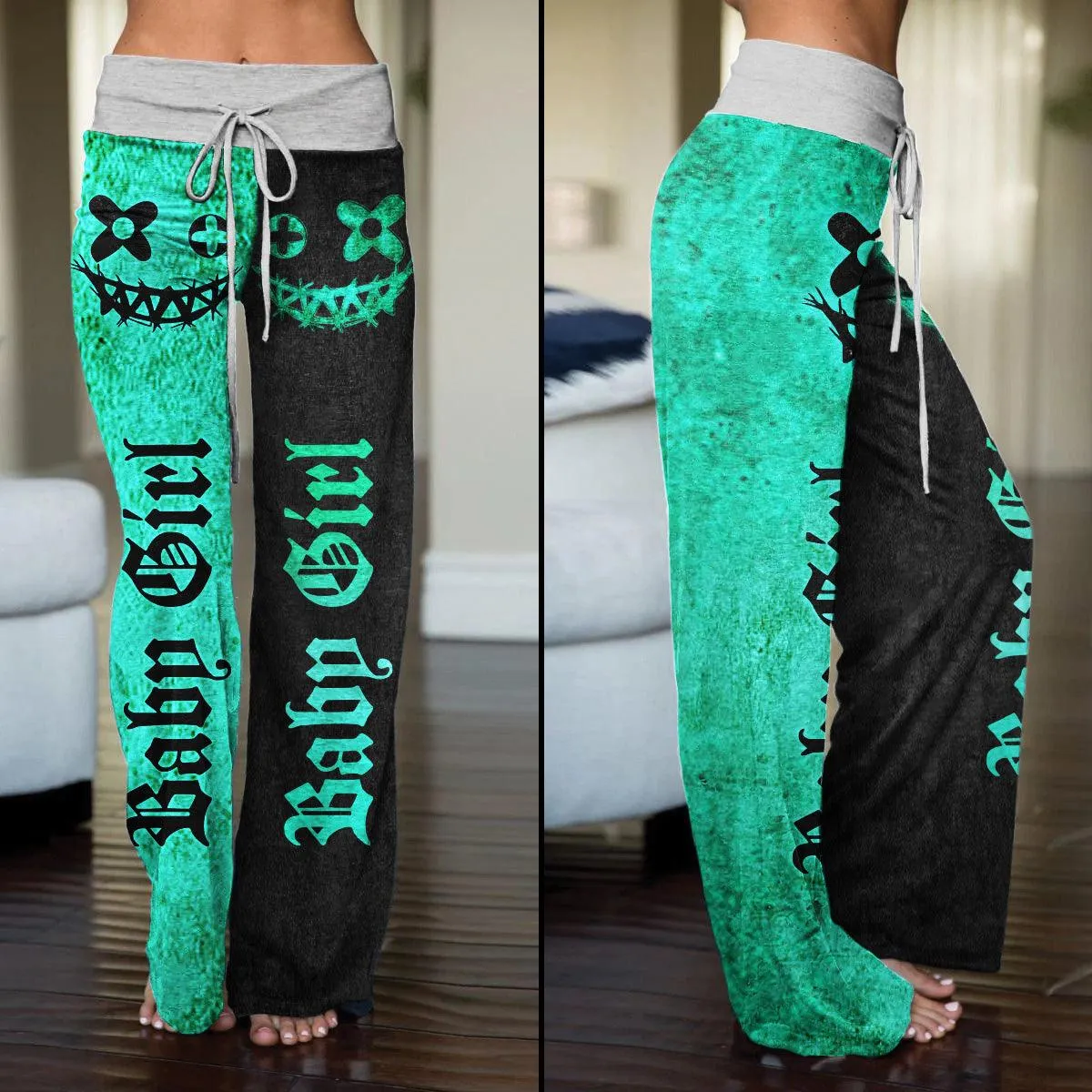 Green Black Skull Face High-waisted Straight-leg Trousers