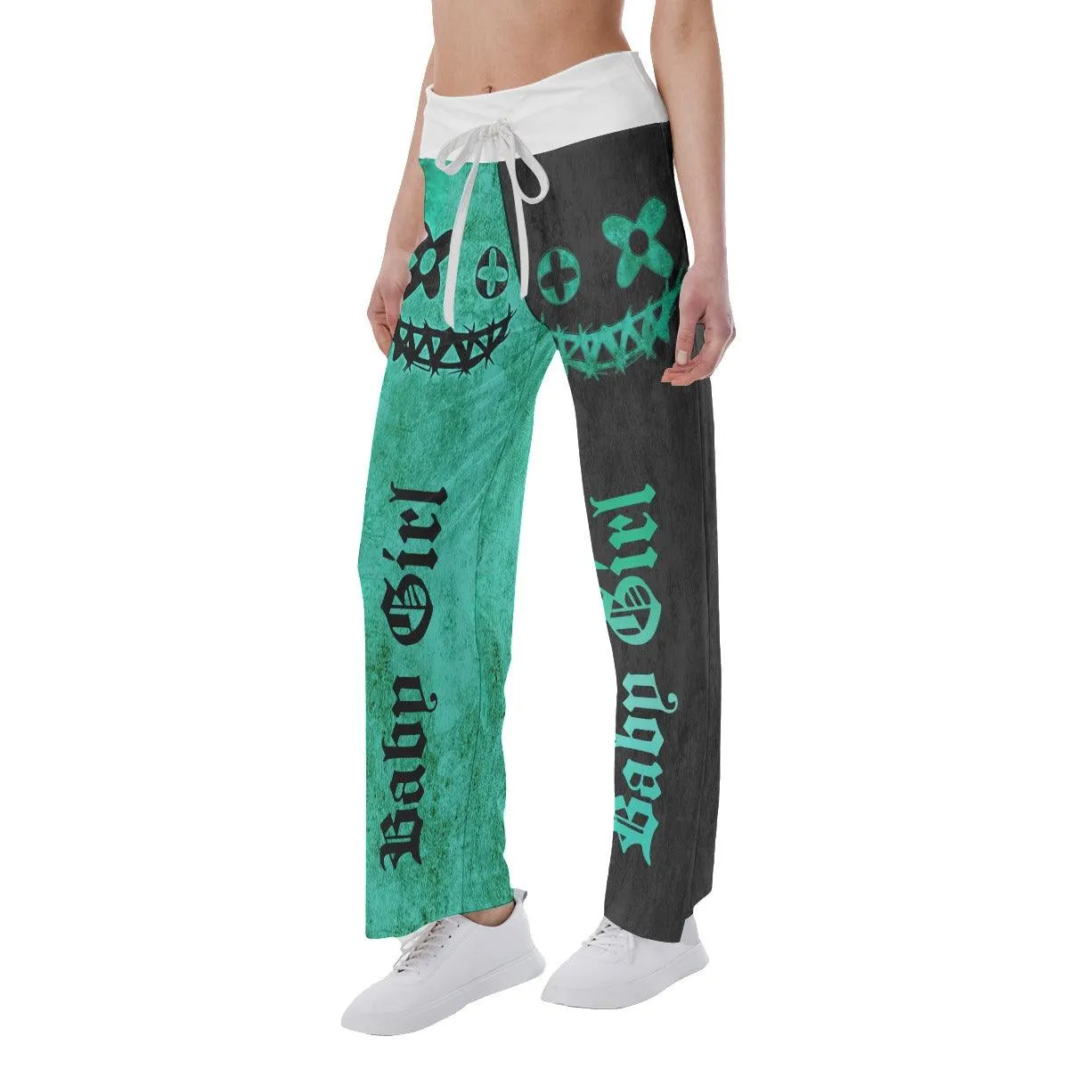 Green Black Skull Face High-waisted Straight-leg Trousers