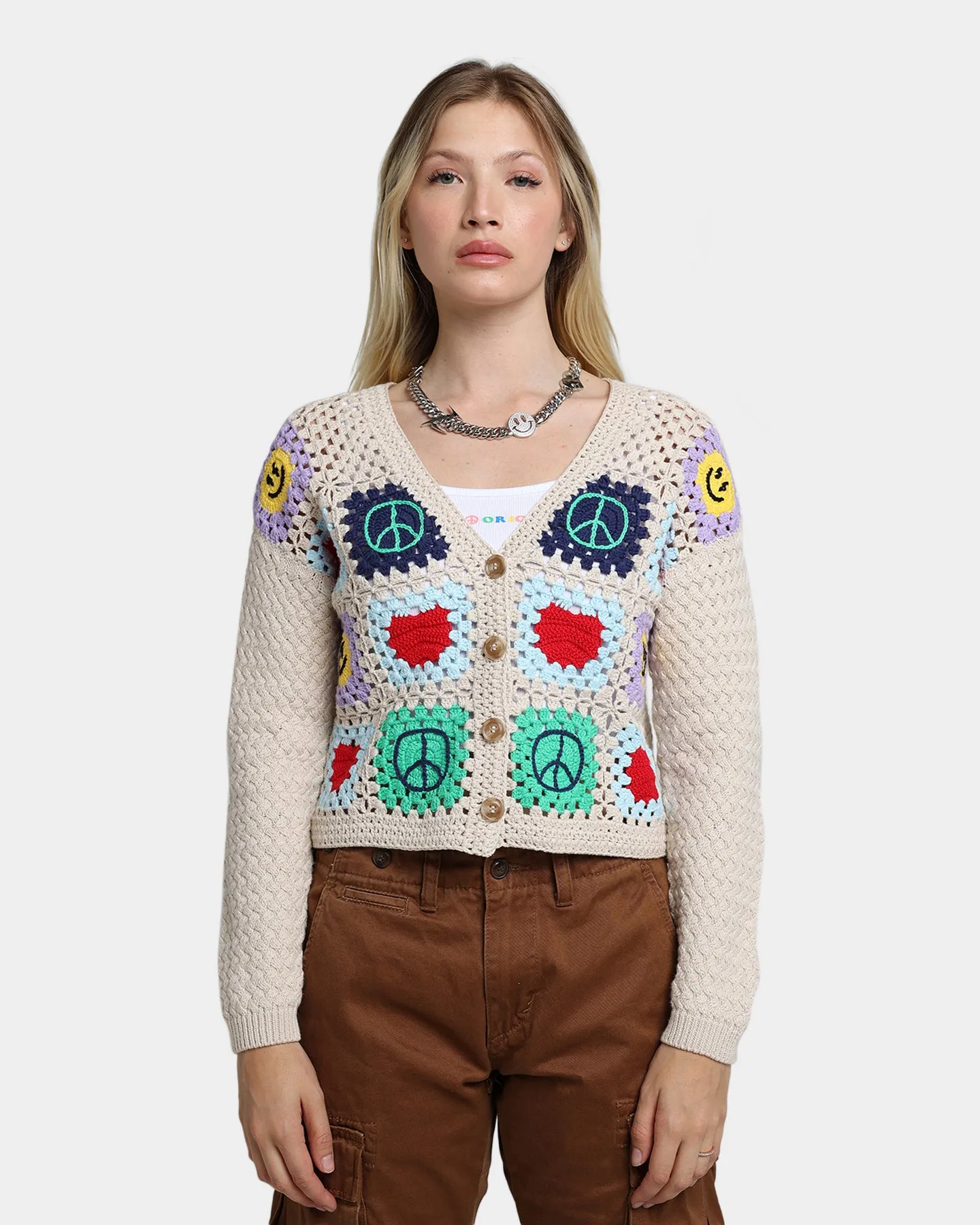 GUESS Originals Women's GUESS Originals X J Balvin Crochet Cardigan Herb Tan Multi