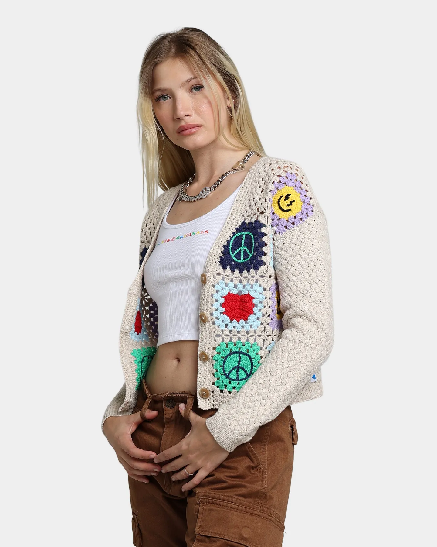 GUESS Originals Women's GUESS Originals X J Balvin Crochet Cardigan Herb Tan Multi