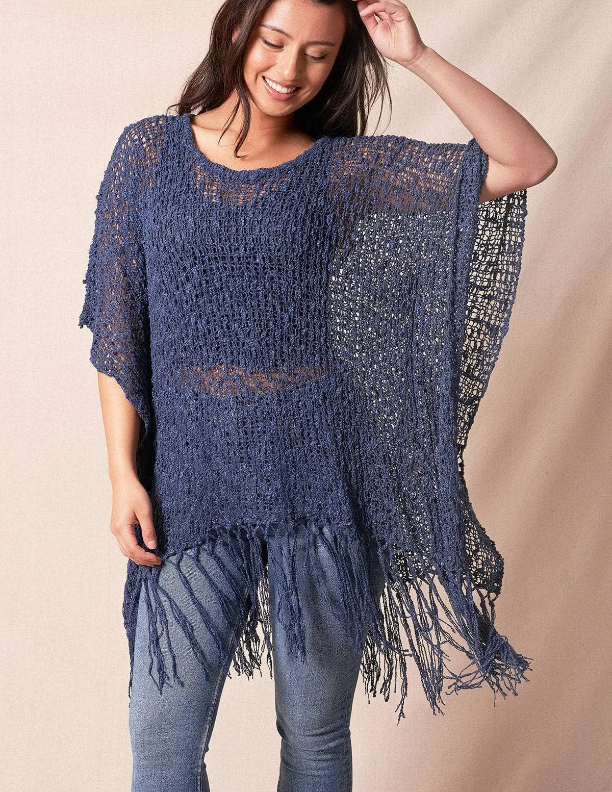 Handwoven Riva Knit Fringed Sweater Poncho