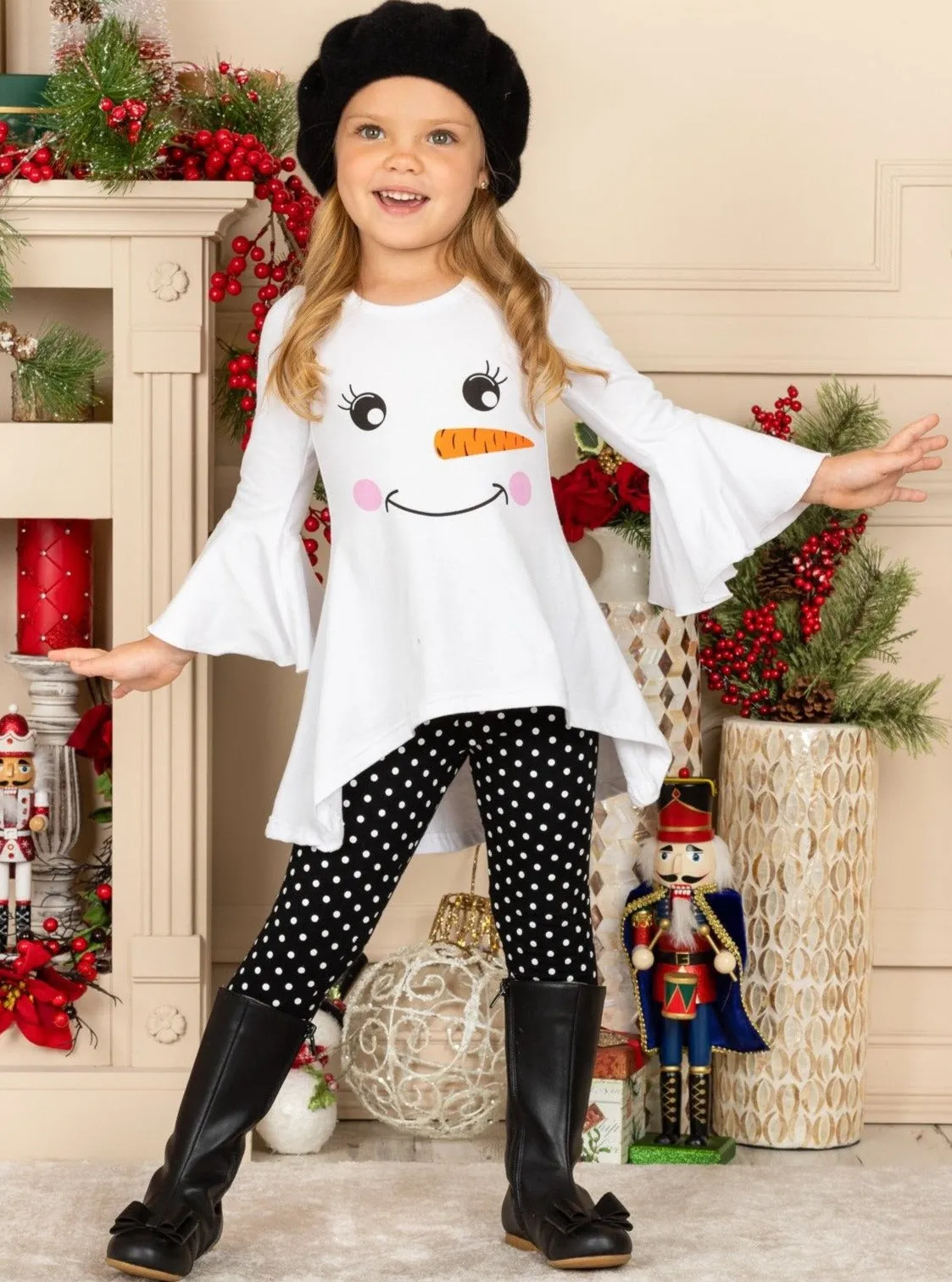 Happy Snowman Hi-Lo Tunic And Polka Dot Legging Set