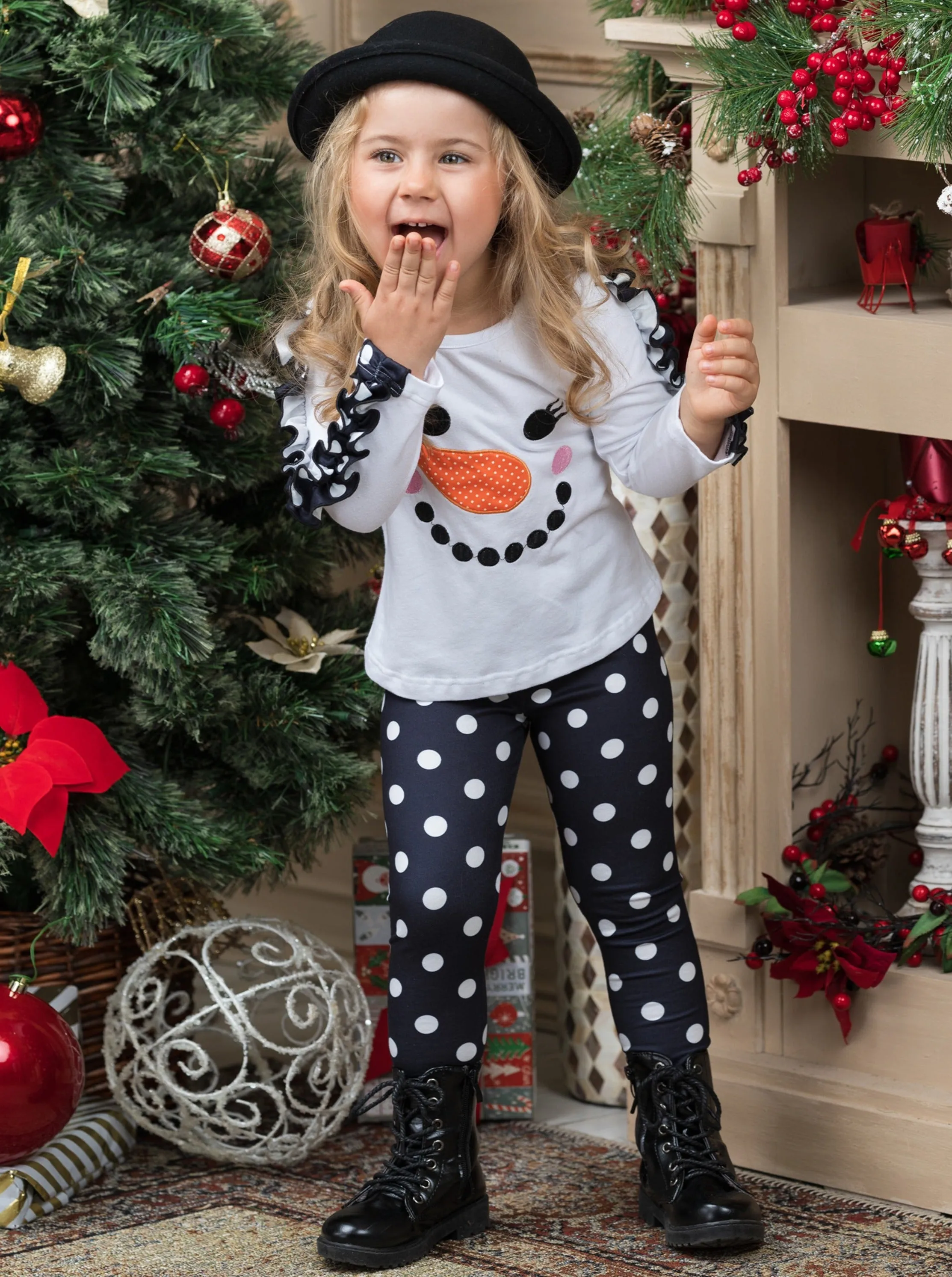 Happy Snowman Ruffles And Polka Dots Legging Set