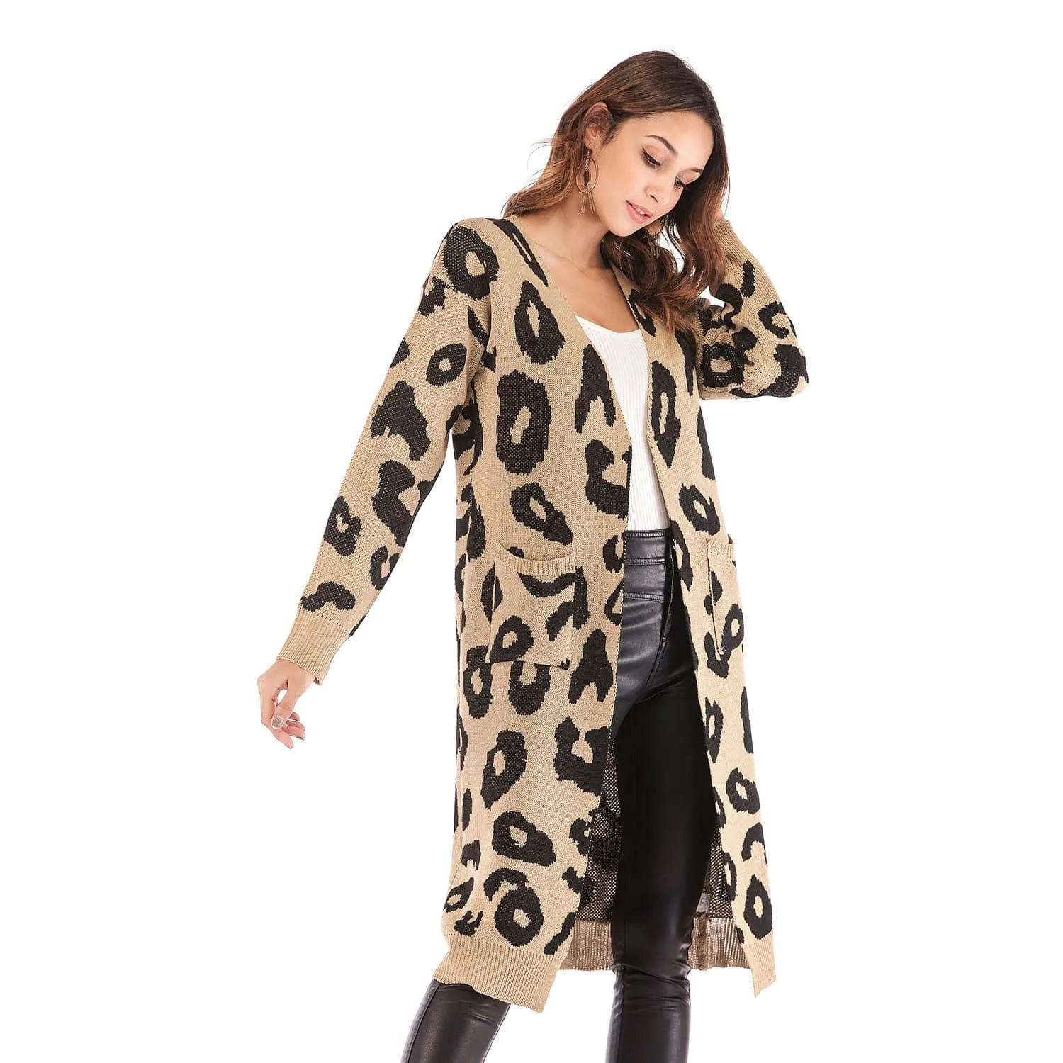 Haute Edition Open Front Long Length Sweater Knit Leopard Print Cardigan