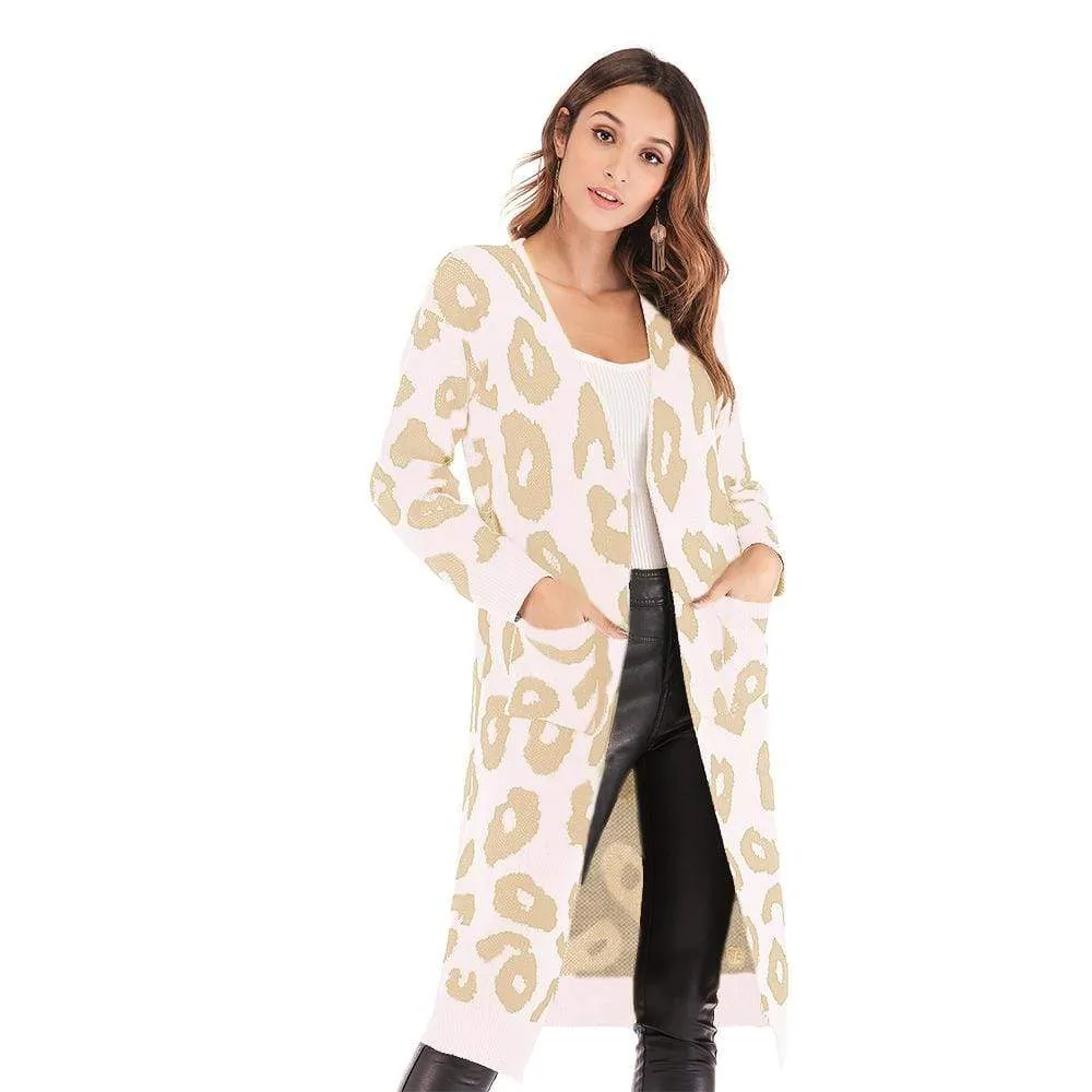 Haute Edition Open Front Long Length Sweater Knit Leopard Print Cardigan