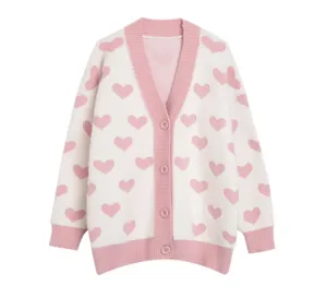 Heart Love Embroidery Knit Loose White Pink Cardigan