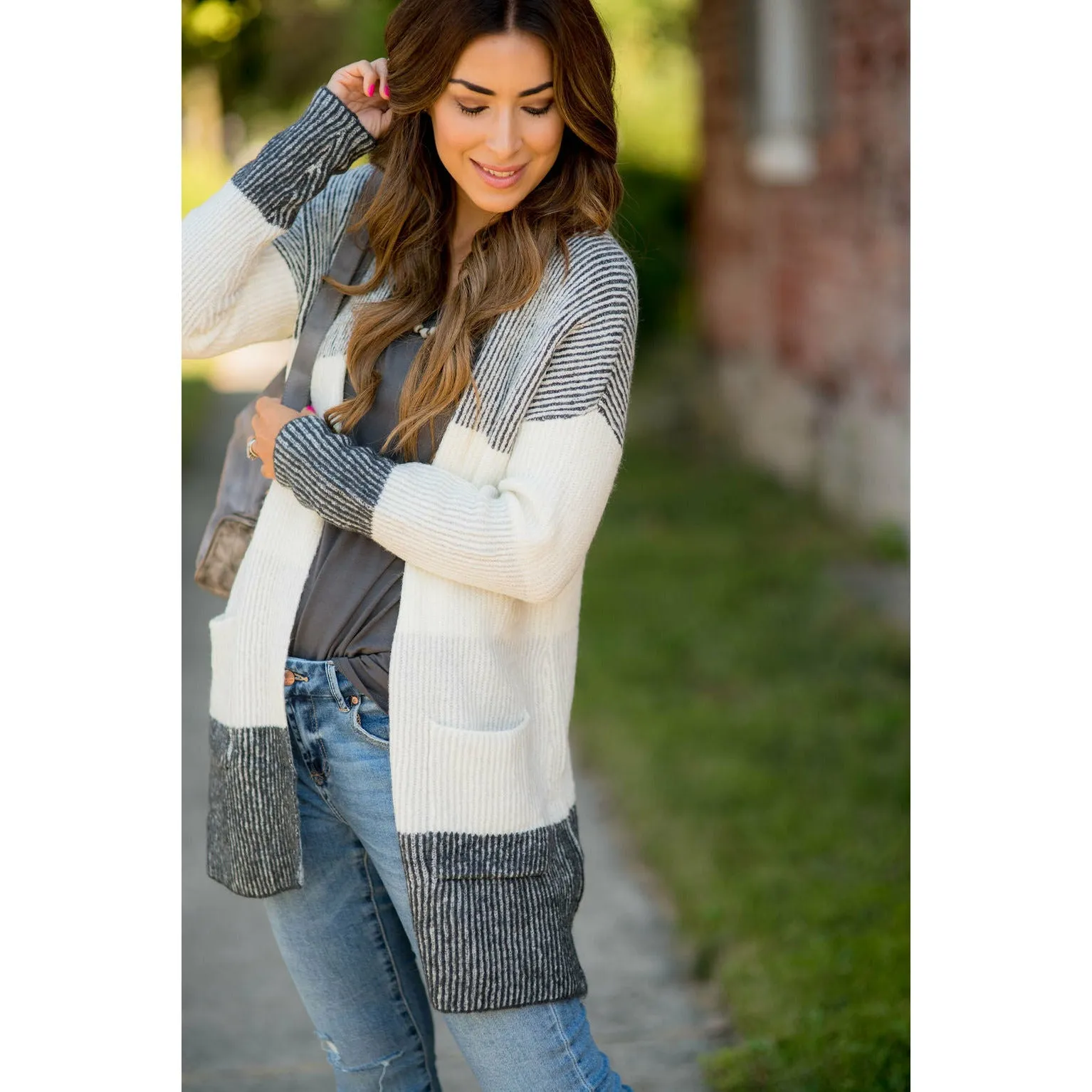 Heavy Knit Blocked Striped Cardigan