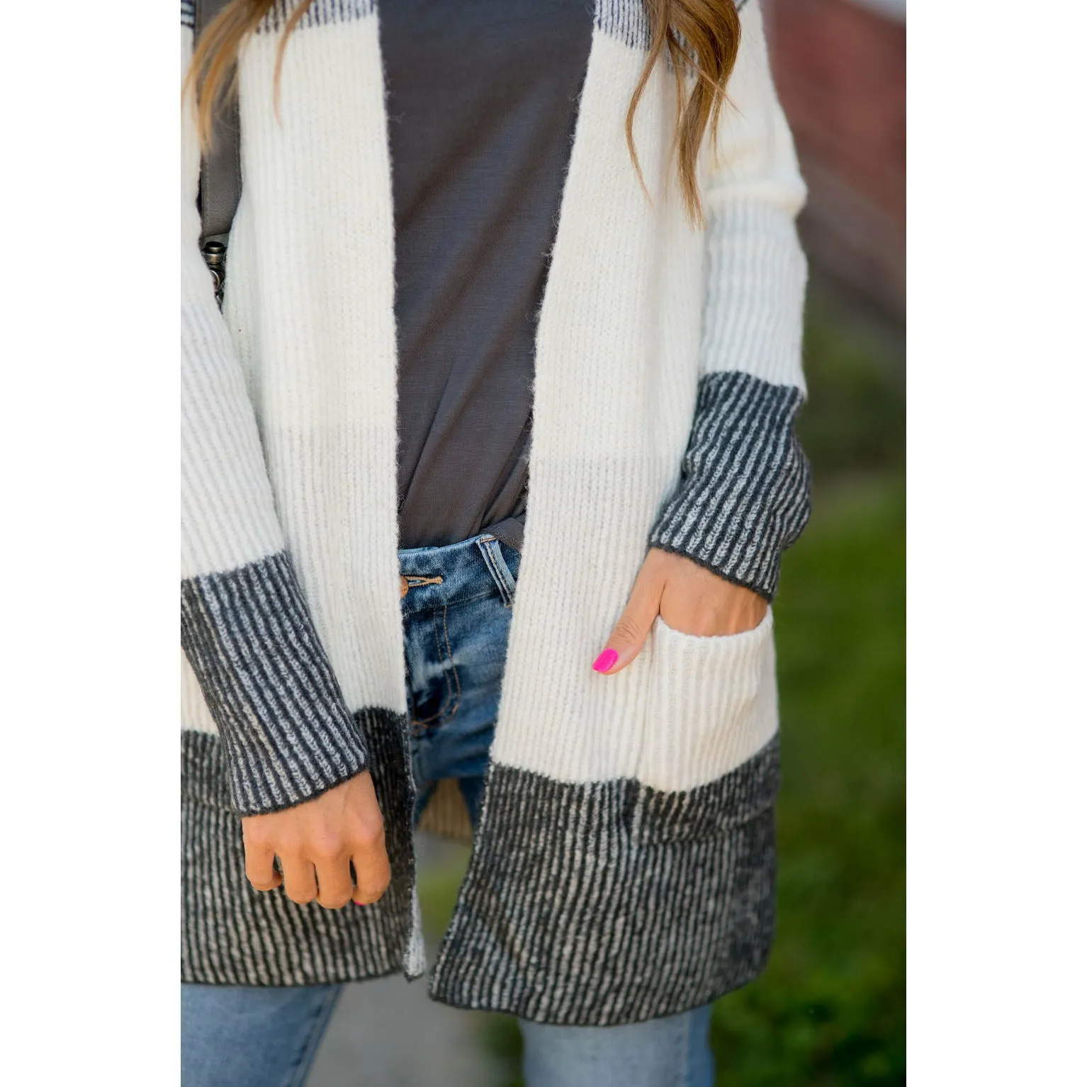 Heavy Knit Blocked Striped Cardigan