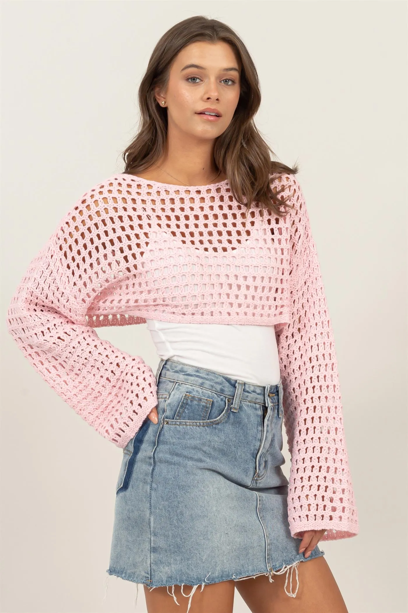 HF24F068-OPEN STITCH CROPPED SWEATER