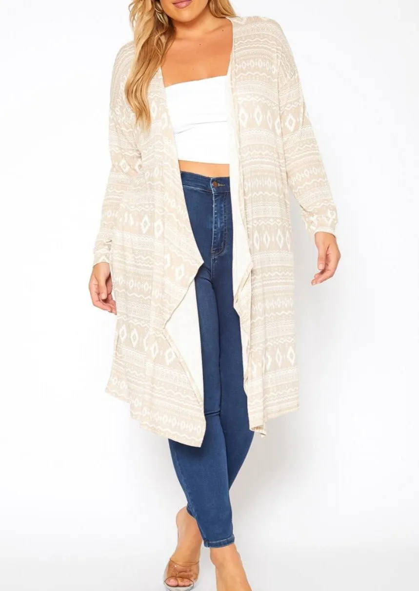 Hi Curvy Plus Size Aztec Print Long Cardigan