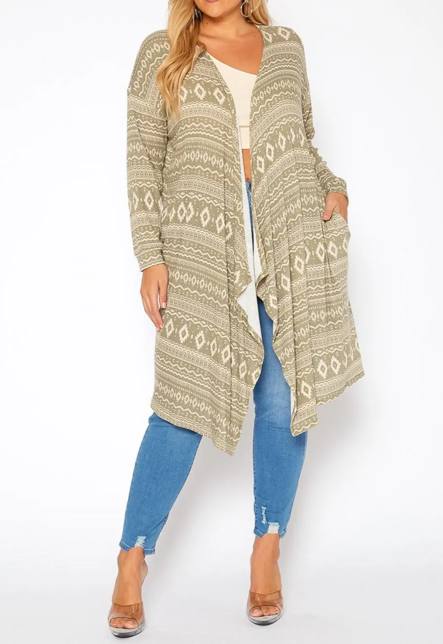 Hi Curvy Plus Size Aztec Print Long Cardigan