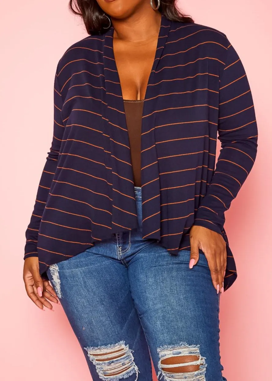 HI Curvy Plus Size Casual Striped Open Front Cardigan