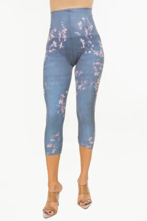 High Waist Light denim Crop Legging with Reverse Tie Dye Floral Print