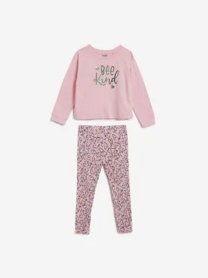 HOP Kids Peach Printed T-Shirt and Leggings Set