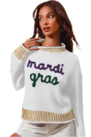 Ivory Mardi Gras tinsel sweater