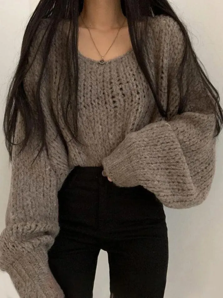 Joskaa Cutout Lantern Sleeve Baggy Sweater