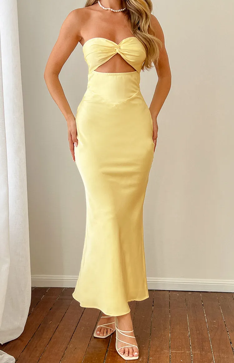 Kenna Yellow Satin Strapless Maxi Dress