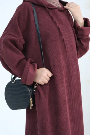 LAYLA Corduroy Hoodie Abaya 890-Wine Red