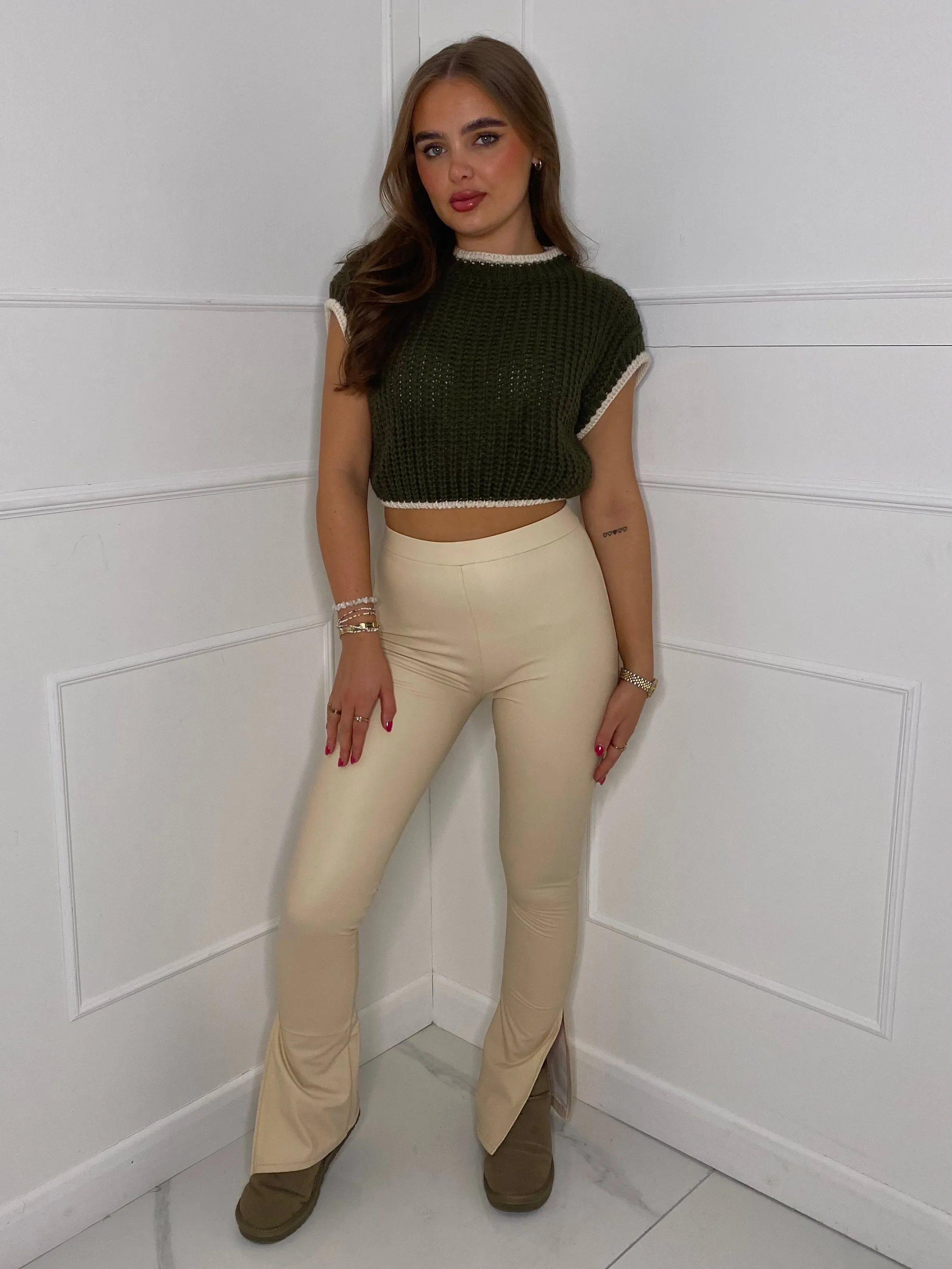 Leather Look Slit Flared Leggings - Cream