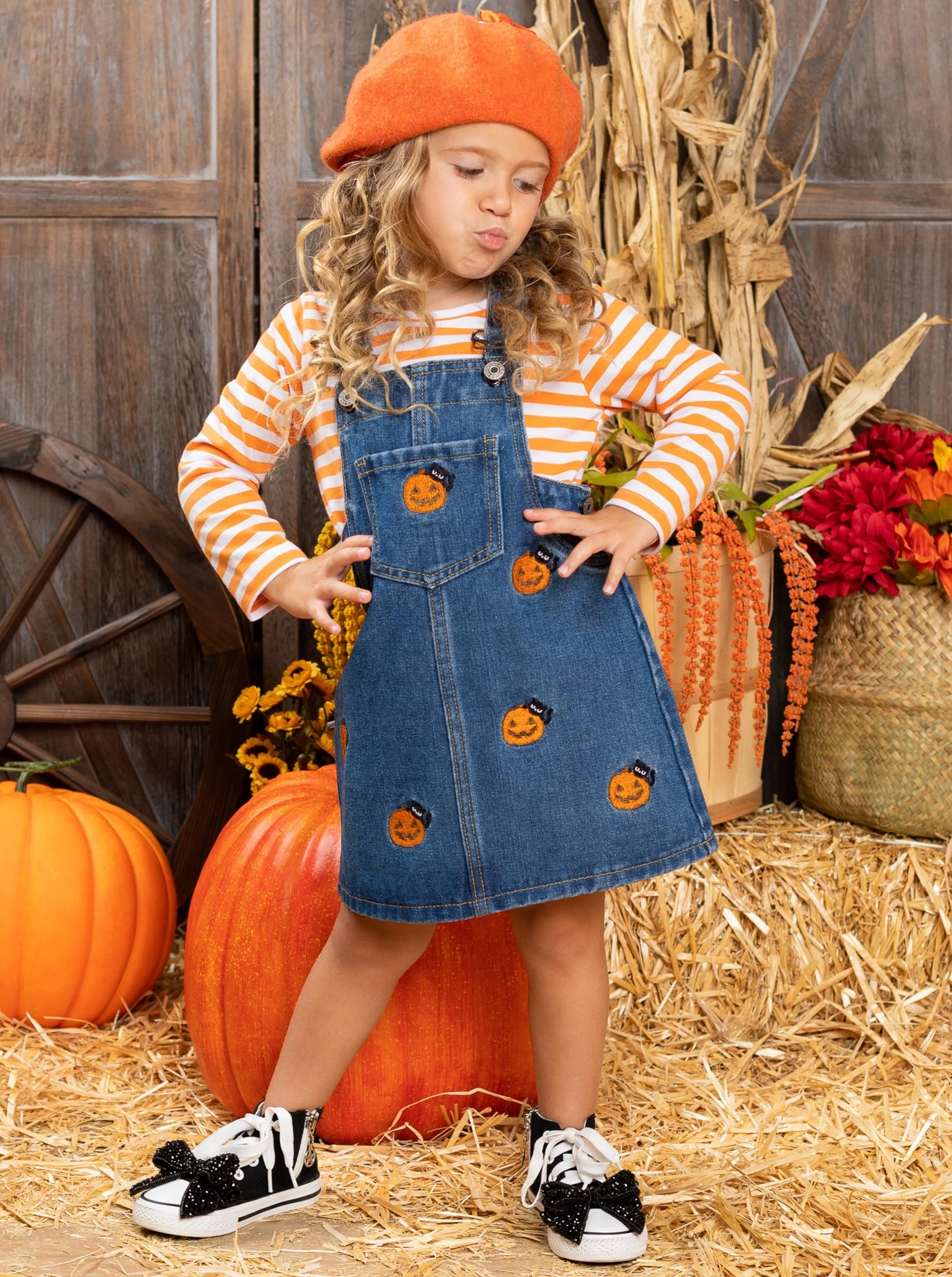 Life Is Gourd Top And Embroidered Denim Overall Dress Set