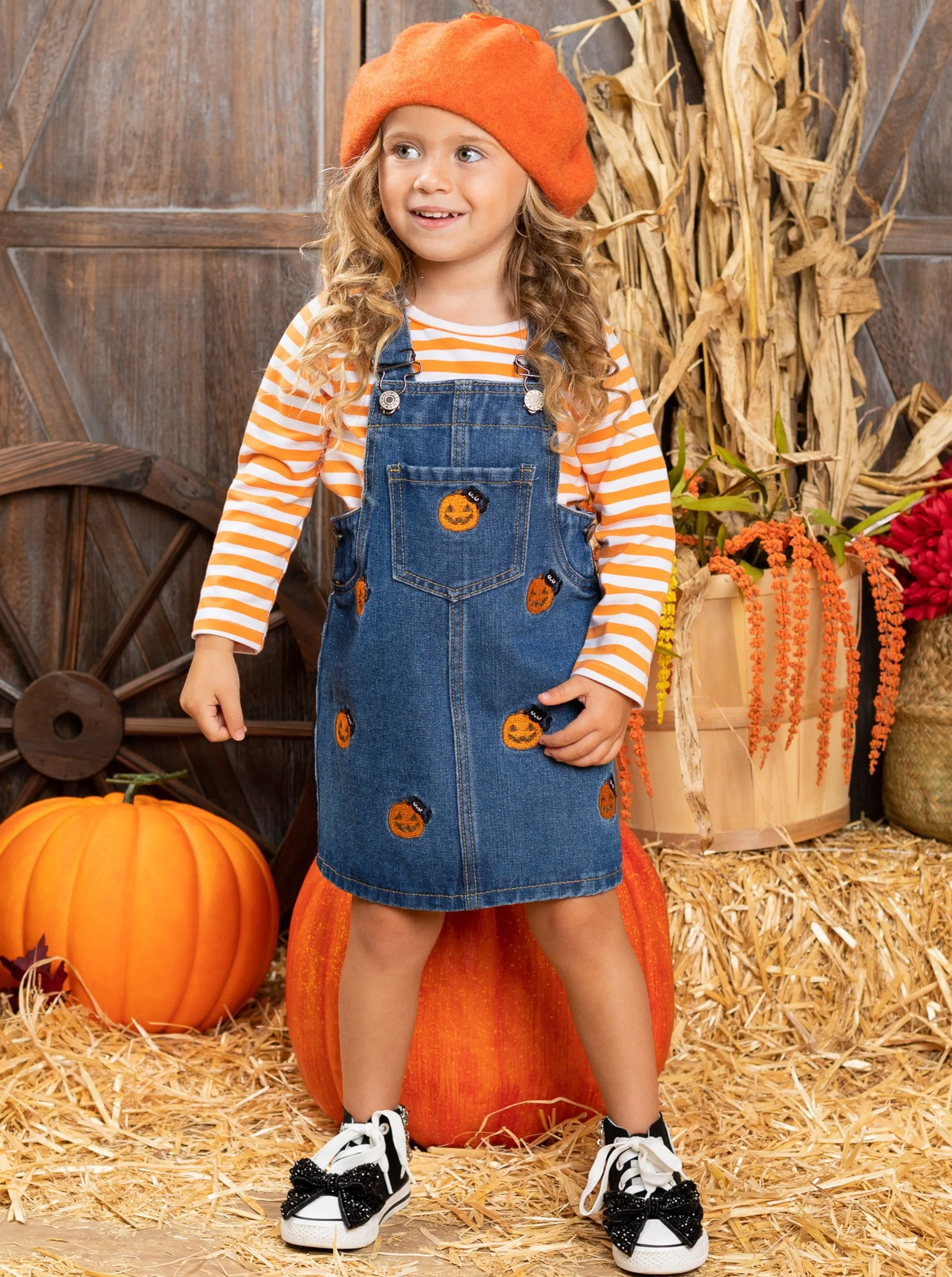 Life Is Gourd Top And Embroidered Denim Overall Dress Set