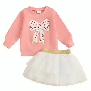 Long Sleeve Embroidered Bow Tulle Skirt Set