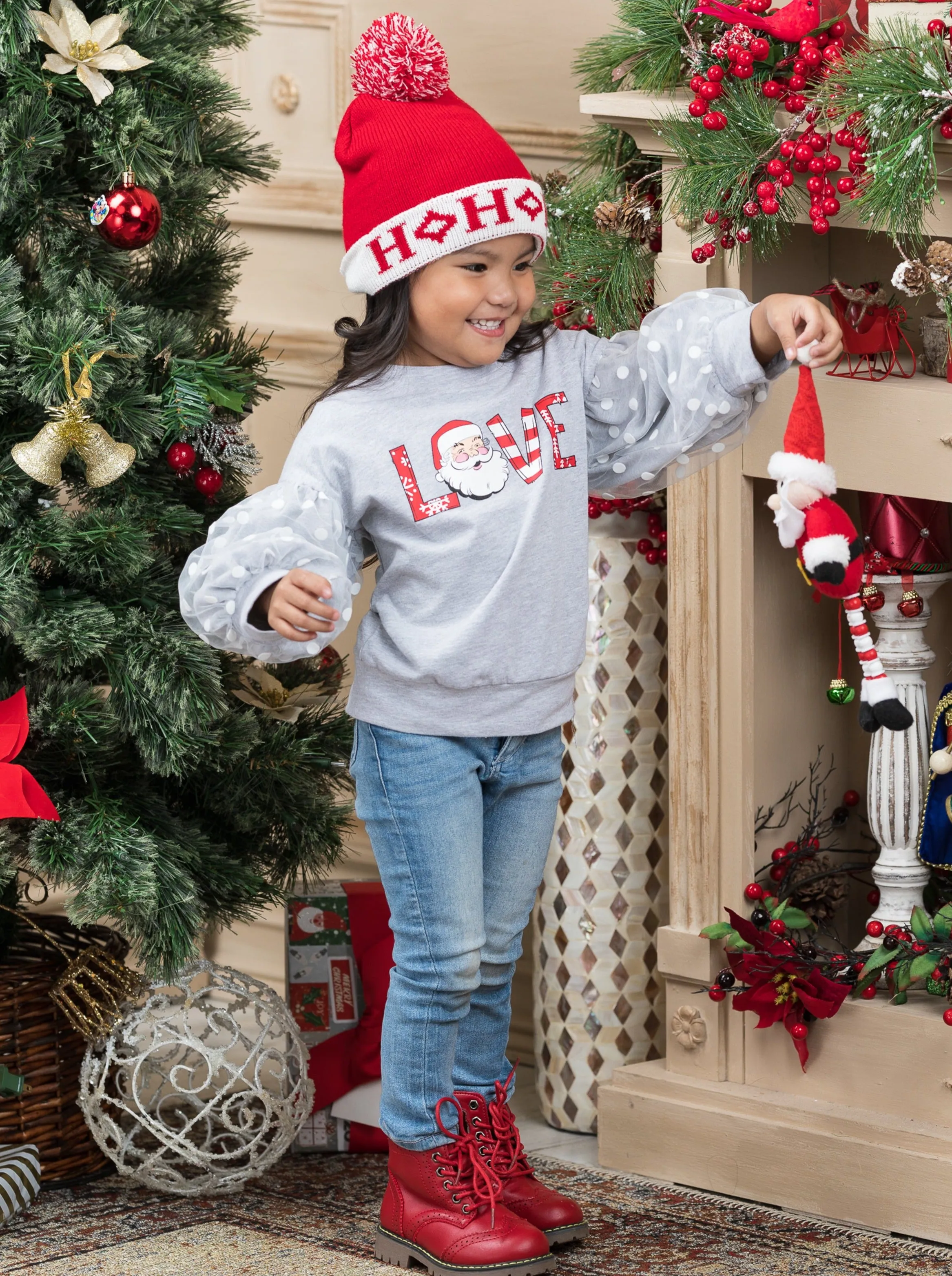 Love Santa Polka Dot Tulle Sleeve Sweatshirt